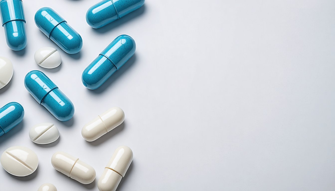 Various male enhancement products including supplements, pills, and medical devices displayed on a neutral background